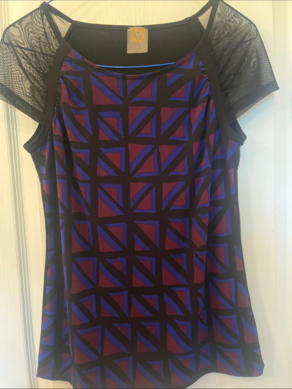 Anne Klein Black Top with Blue & Purple Geometric Accents